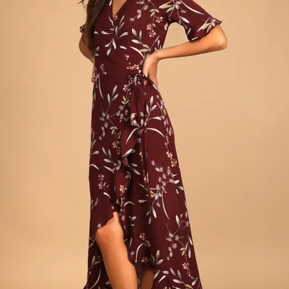 Burgundy Floral Print High-Low Wrap Dress NWOT